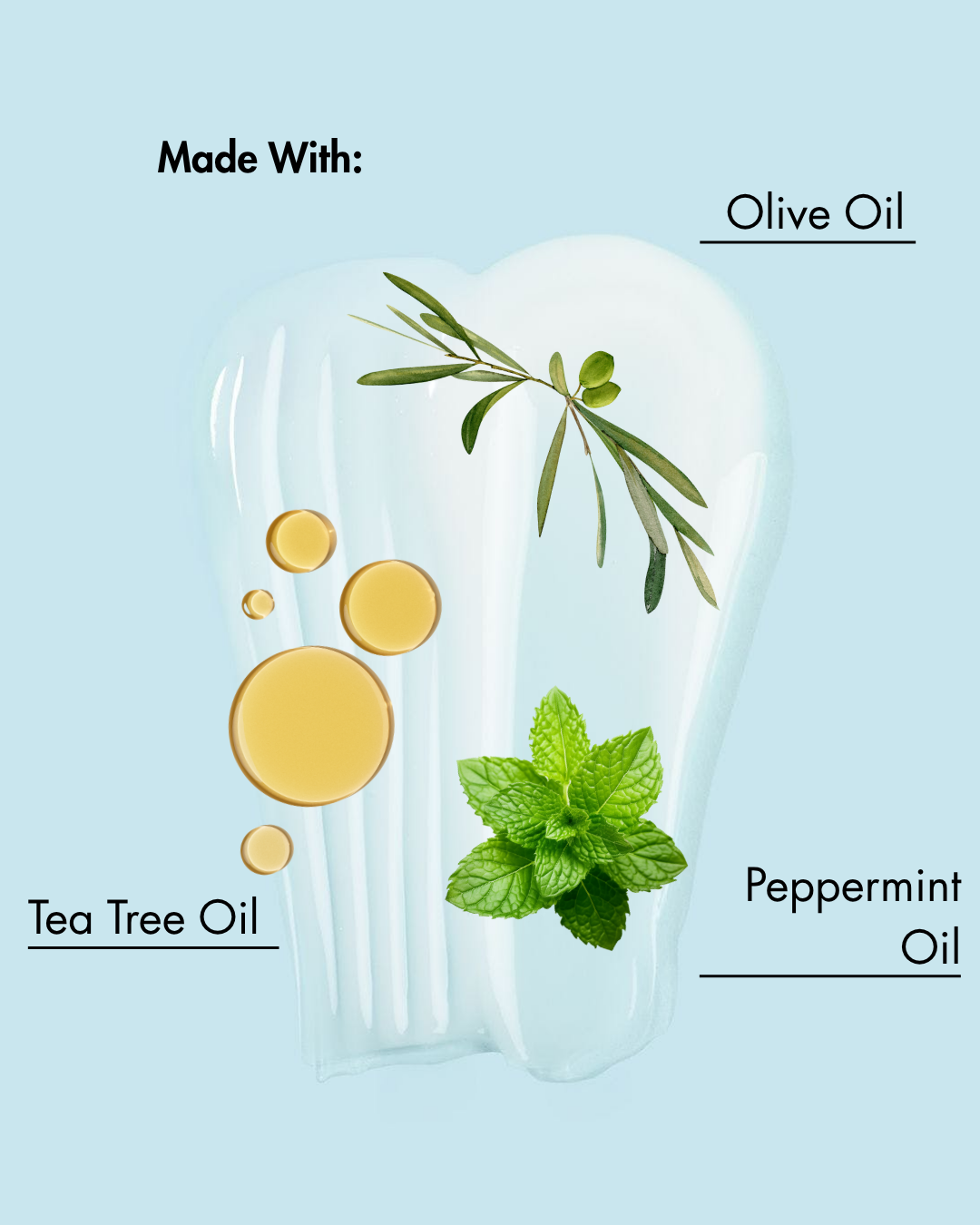 Product met olijfolie, tea tree olie en pepermuntolie op een lichtblauwe achtergrond