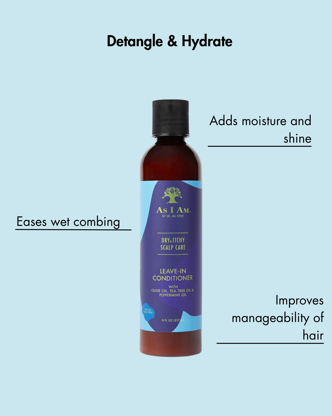 Flesje leave-in conditioner met tekst op een lichtblauwe achtergrond