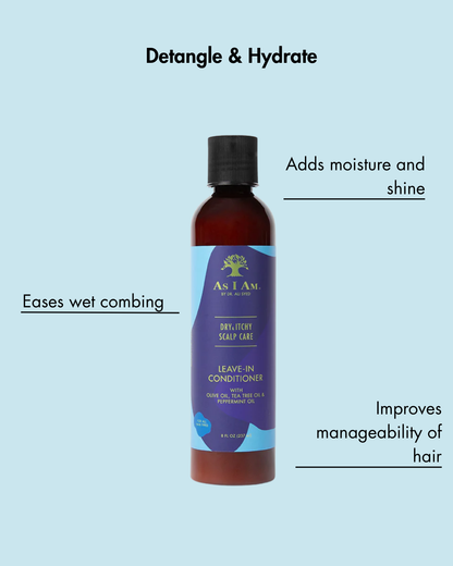 Flesje leave-in conditioner met tekst op een lichtblauwe achtergrond