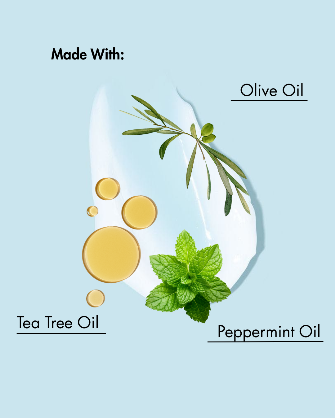 Ingrediënten gebruikt in een product op een lichtblauwe achtergrond met olijfolie, tea tree olie en pepermuntolie afgebeeld.