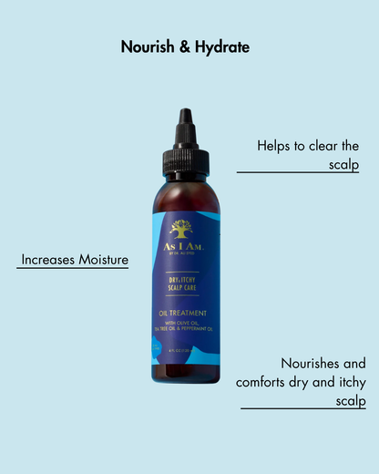 Flesje As I Am Scalp Care Oil Treatment op een lichtblauwe achtergrond met tekst over de voordelen.