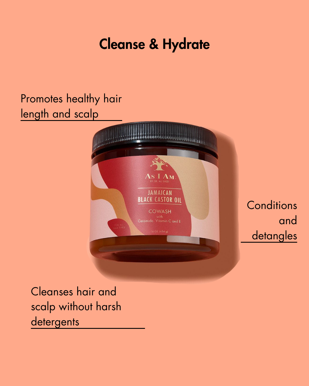 Jamaican Black Castor Oil product op een perzik achtergrond met tekst over de voordelen van haarverzorging.