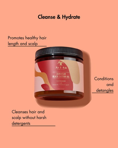 Jamaican Black Castor Oil product op een perzik achtergrond met tekst over de voordelen van haarverzorging.