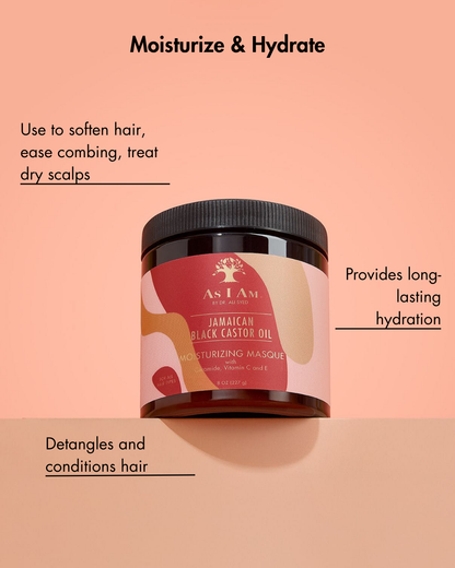 As I Am Jamaican Black Castor Oil vochtinbrengend masker op een perzik achtergrond