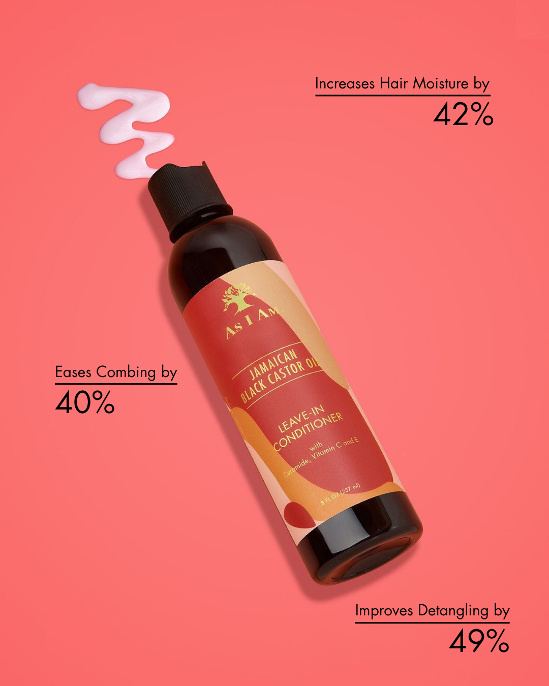 Flesje leave-in conditioner met voordelen op een roze achtergrond