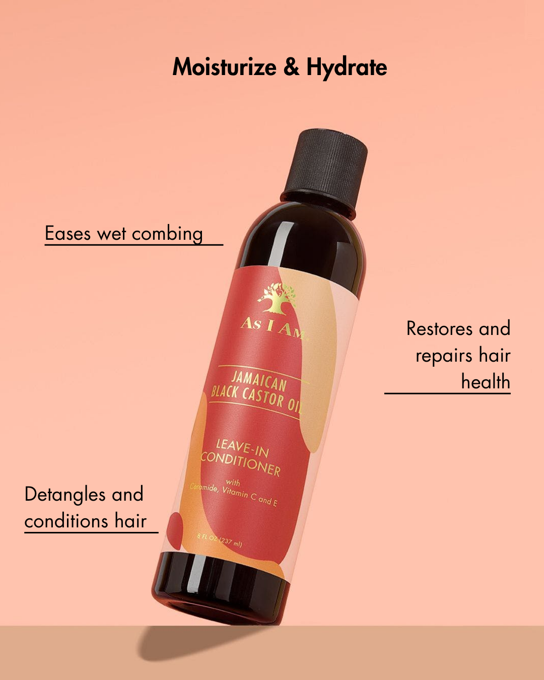 As I Am Jamaican Black Castor Oil leave-in conditioner fles op een perzik achtergrond