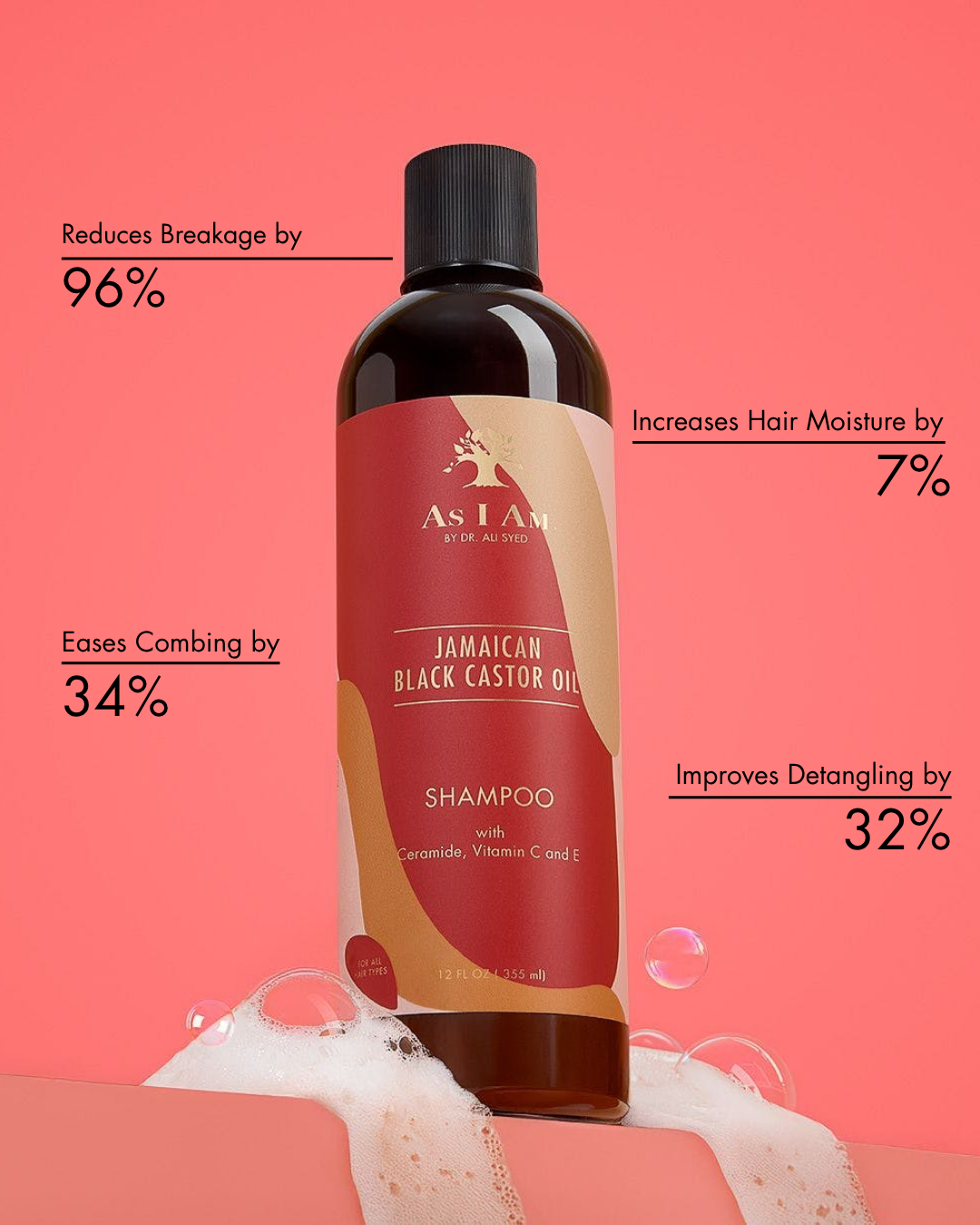 As I Am Jamaican Black Castor Oil Shampoo fles met productvoordelen op een roze achtergrond
