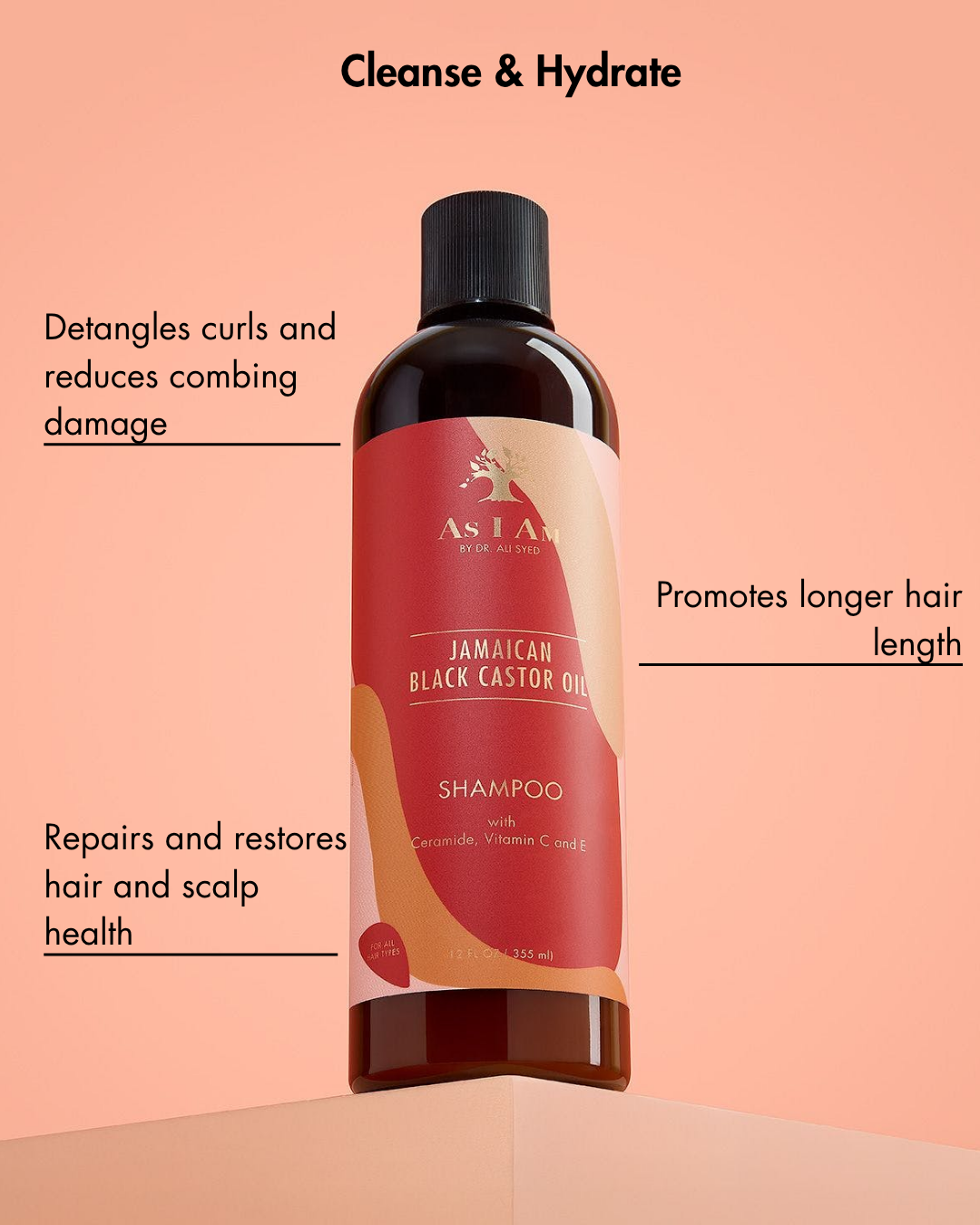 Shampoo fles met tekst op een perzik achtergrond