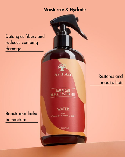 As I Am Jamaican Black Castor Oil Waterfles op een perzik achtergrond met tekst over de voordelen van het product.
