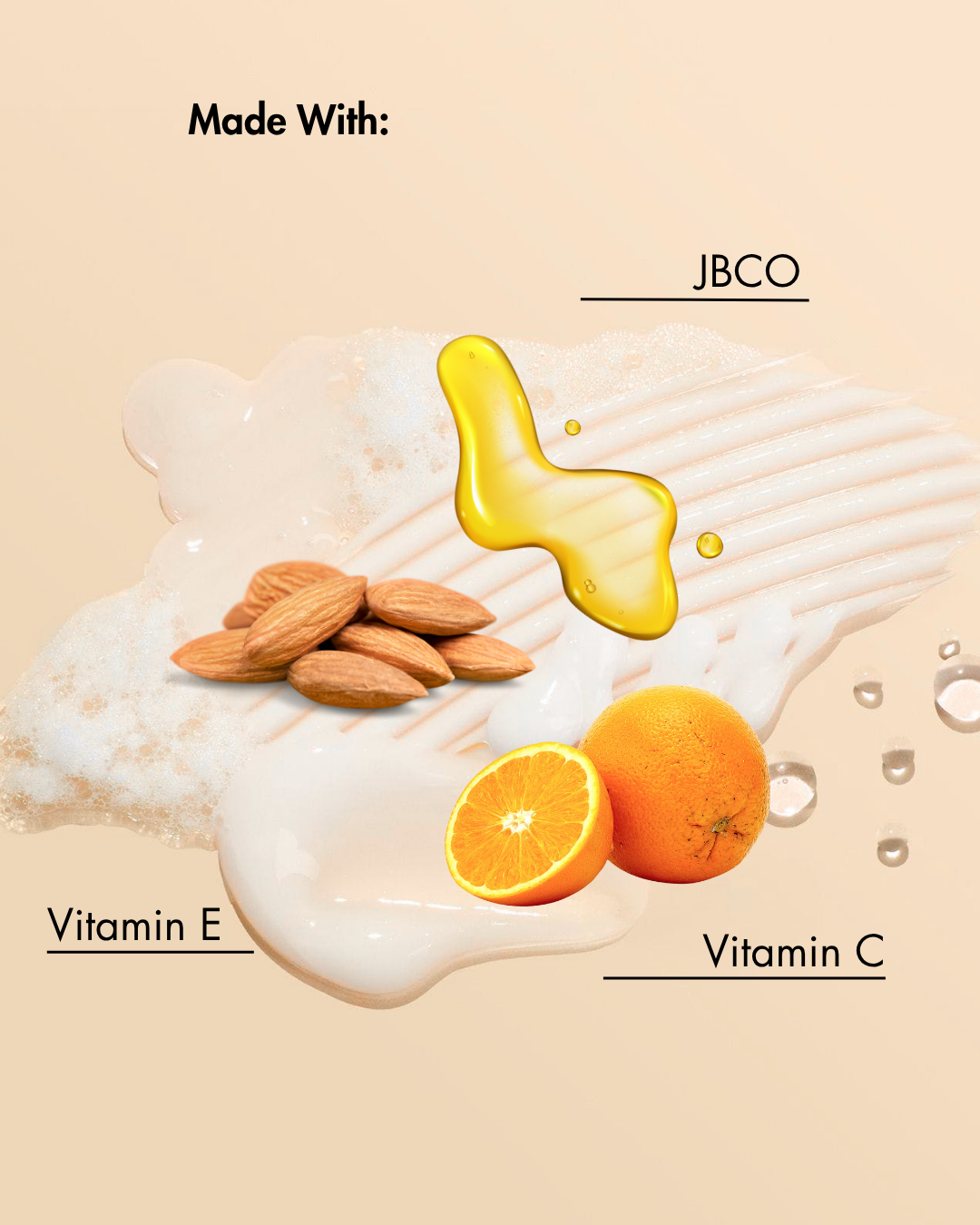 Productingrediënten zoals amandelen, sinaasappels en een gele vloeistof met het label "JBCO" op een beige achtergrond.