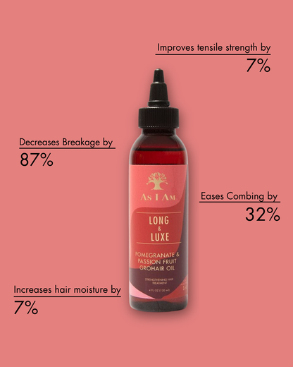 Fles met 'As I Am Long & Luxe' haarproduct met tekst op een roze achtergrond