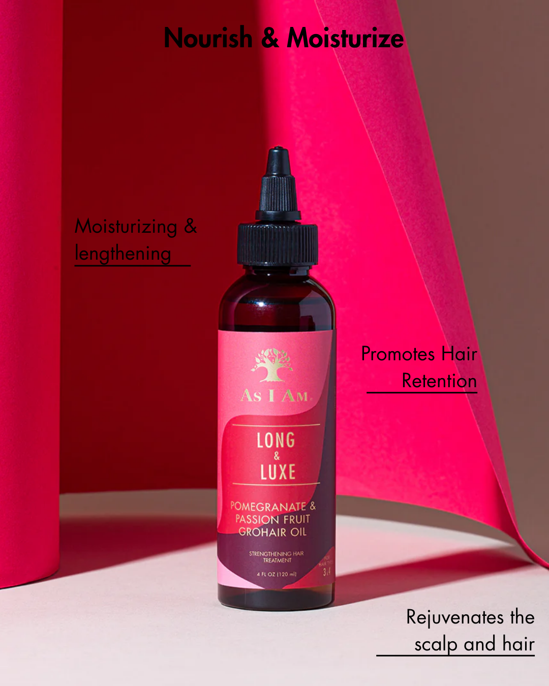 Flesje As I Am Long Luxe haarolie met tekst die de voordelen benadrukt op een rode en bruine achtergrond