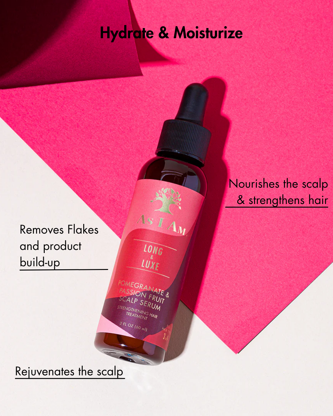 Flesje hoofdhuidserum met roze etiket op roze achtergrond
