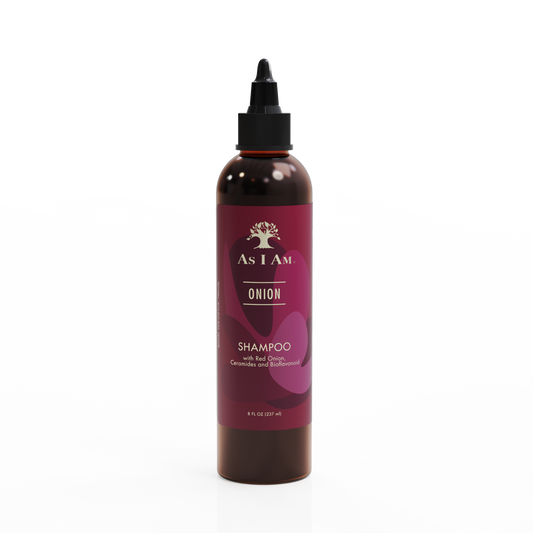 Shampoo fles met een paars label op een witte achtergrond