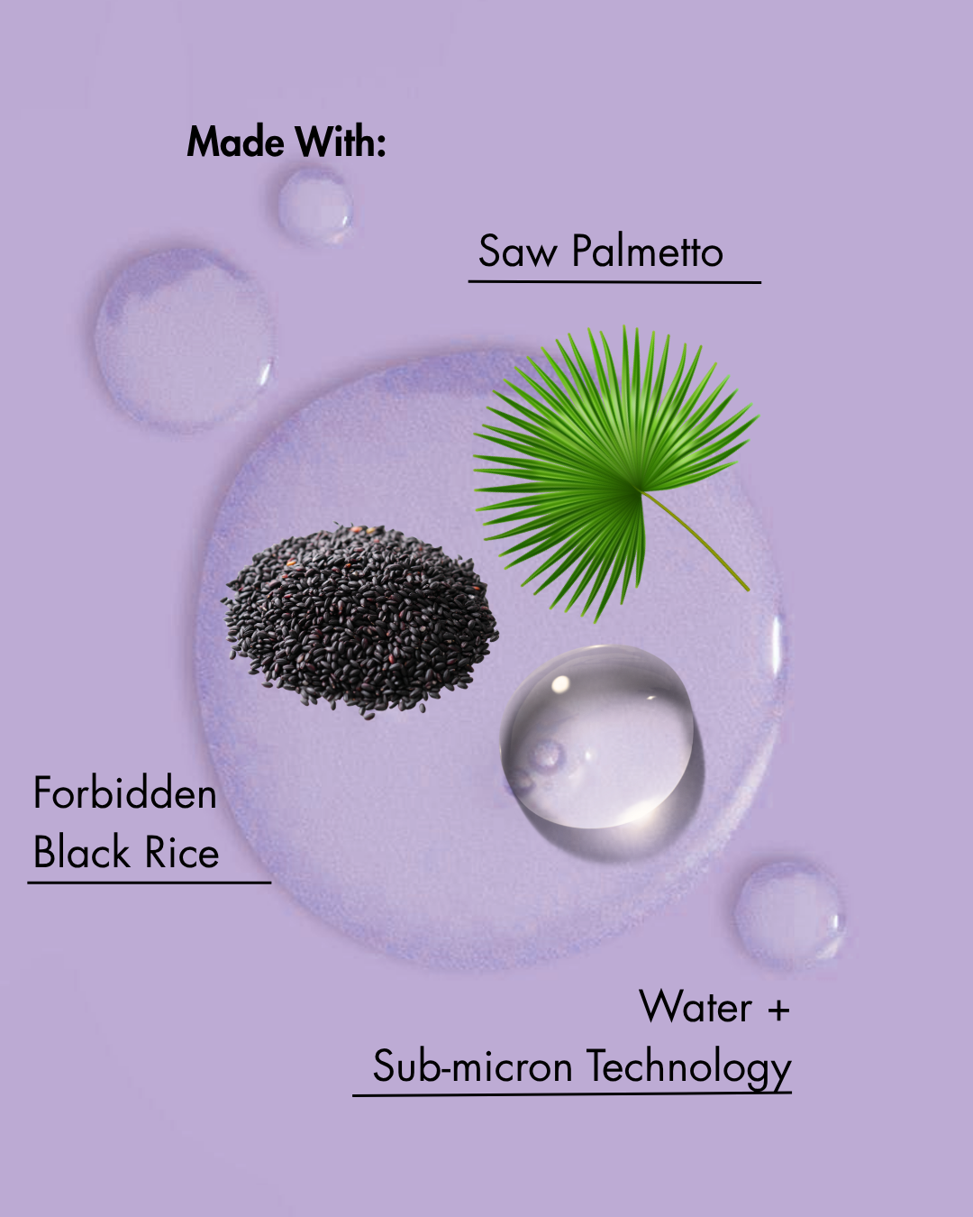 Ingrediënten gebruikt in een product op een paarse achtergrond met waterdruppels.