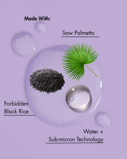 Ingrediënten gebruikt in een product op een paarse achtergrond met waterdruppels.