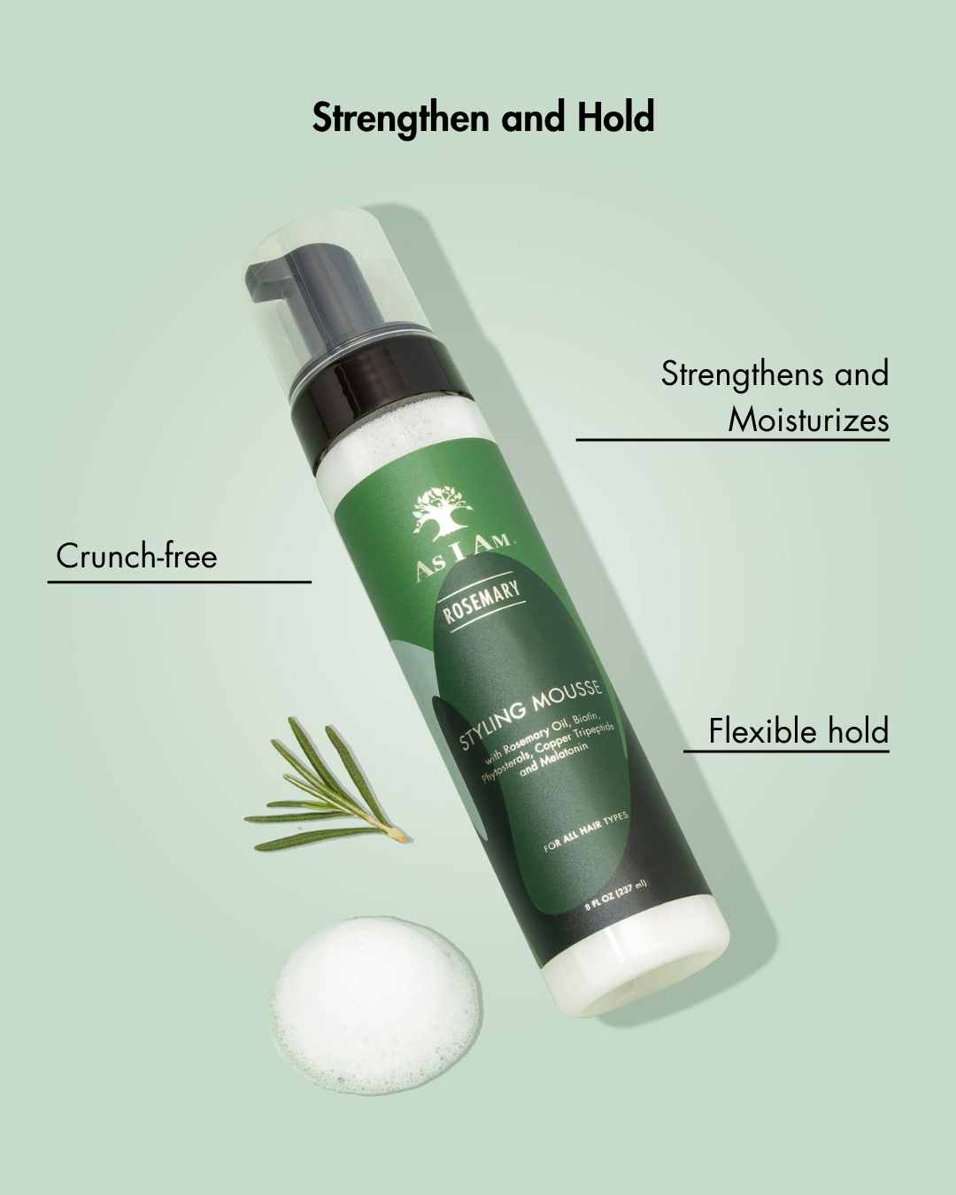 Groene styling mousse fles met tekst op een lichtgroene achtergrond