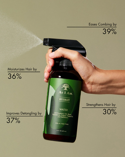 Hand die een groene fles van As I Am haarproduct met tekst op voordelen tegen een beige achtergrond houdt
