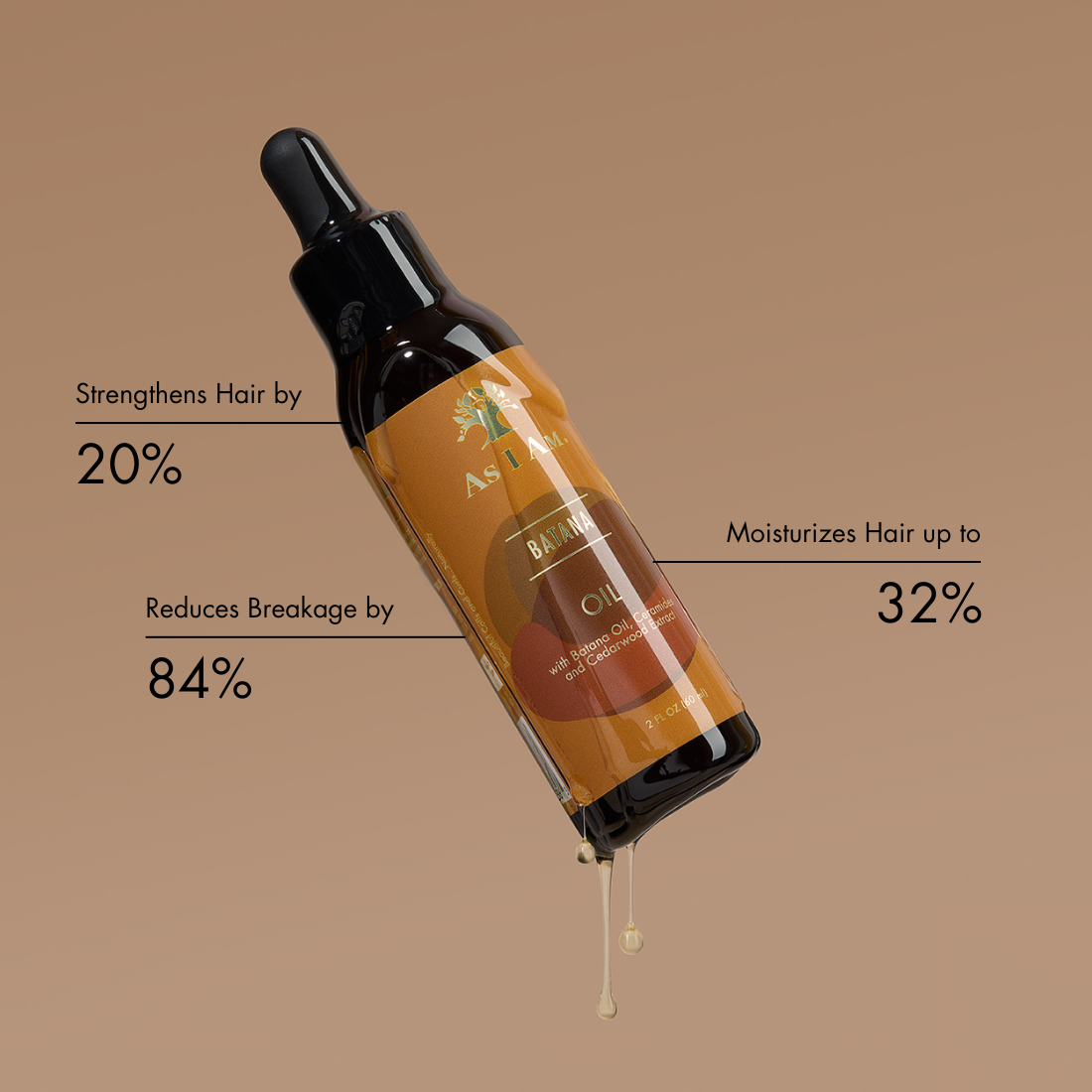 Haarolieflesje met druppelaar en tekst op een bruine achtergrond