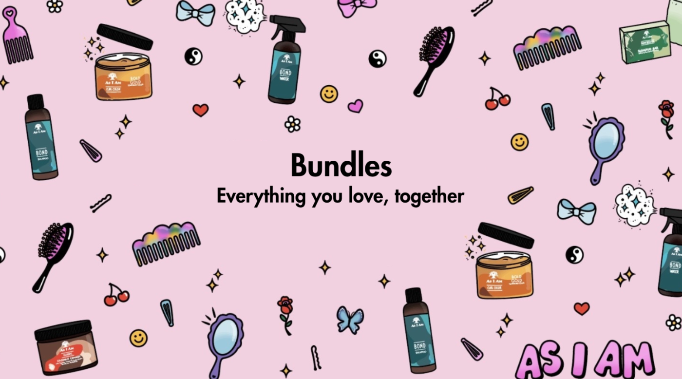 Roze achtergrond met verschillende schoonheidsproducten en het merk 'AS I AM'.