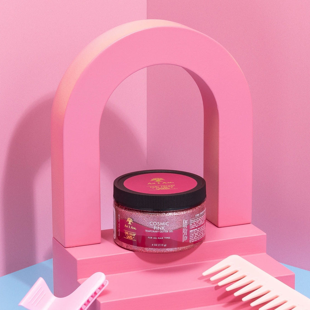 As I Am Curl Color Glitter Collection, met levendige, tijdelijke haarkleuren met een glinsterende finish, speciaal voor krullen en spiralen.