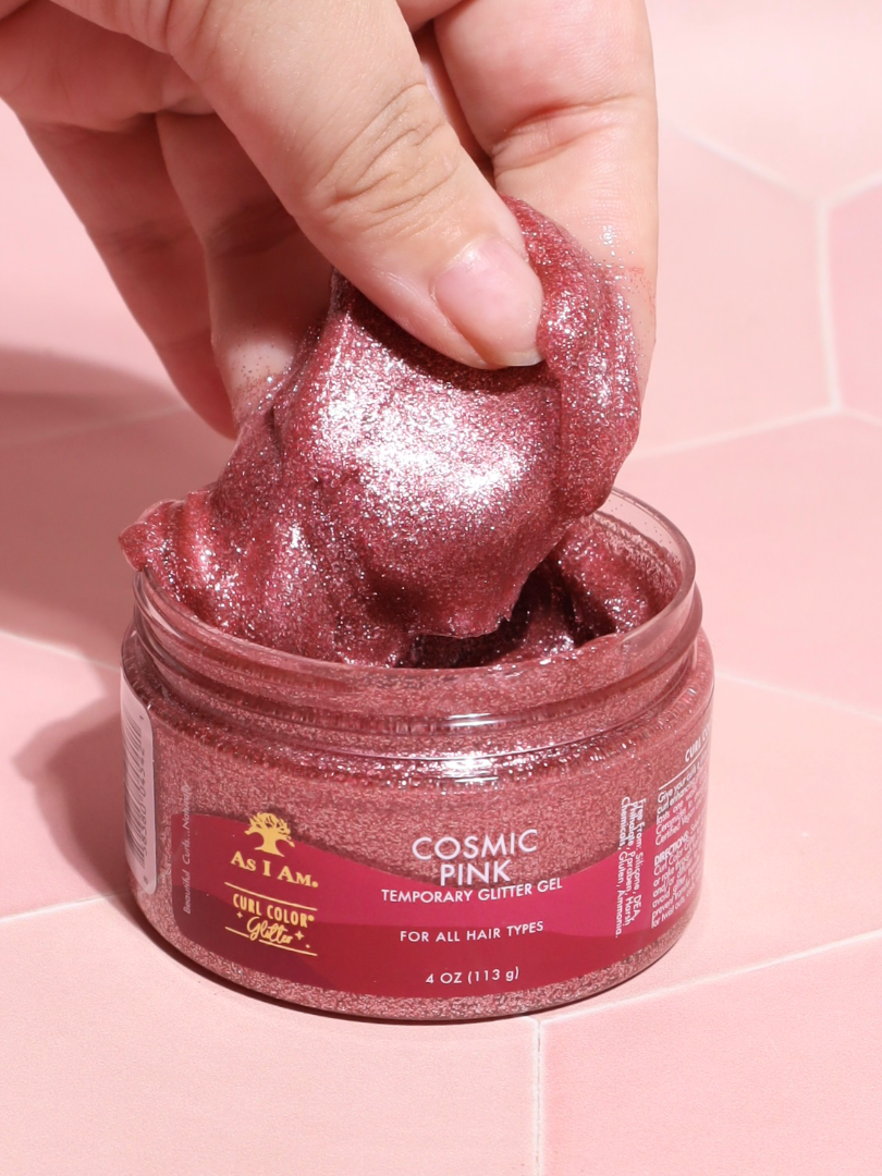 As I Am Curl Color Glitter Collection, met levendige, tijdelijke haarkleuren met een glinsterende finish, speciaal voor krullen en spiralen.