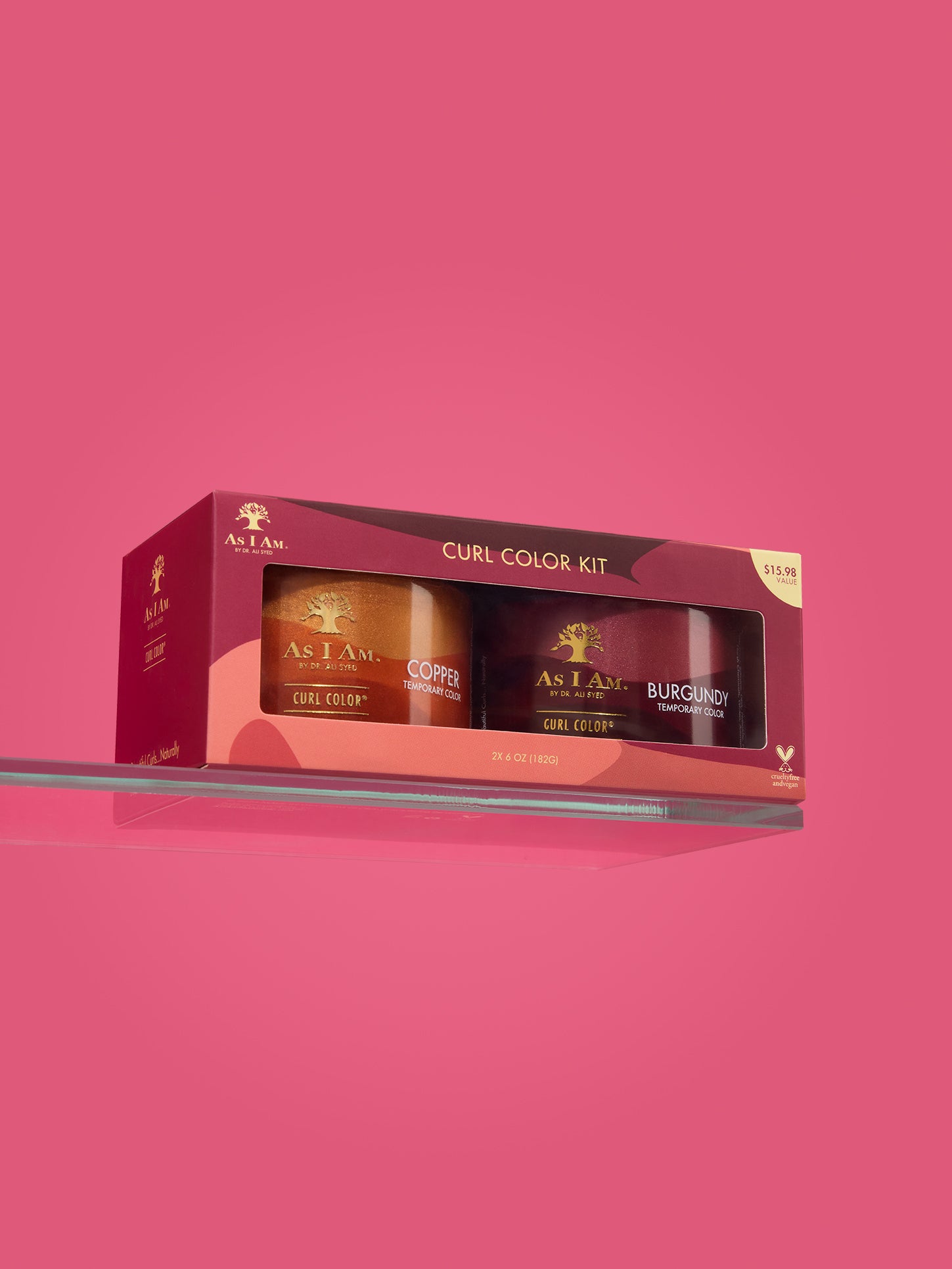 As I Am Curl Color 2-pack kit met de tinten koper en bordeauxrood, verpakt in strakke, levendige potjes, ontworpen voor tijdelijke kleur en definitie van krullen zonder beschadigingen.