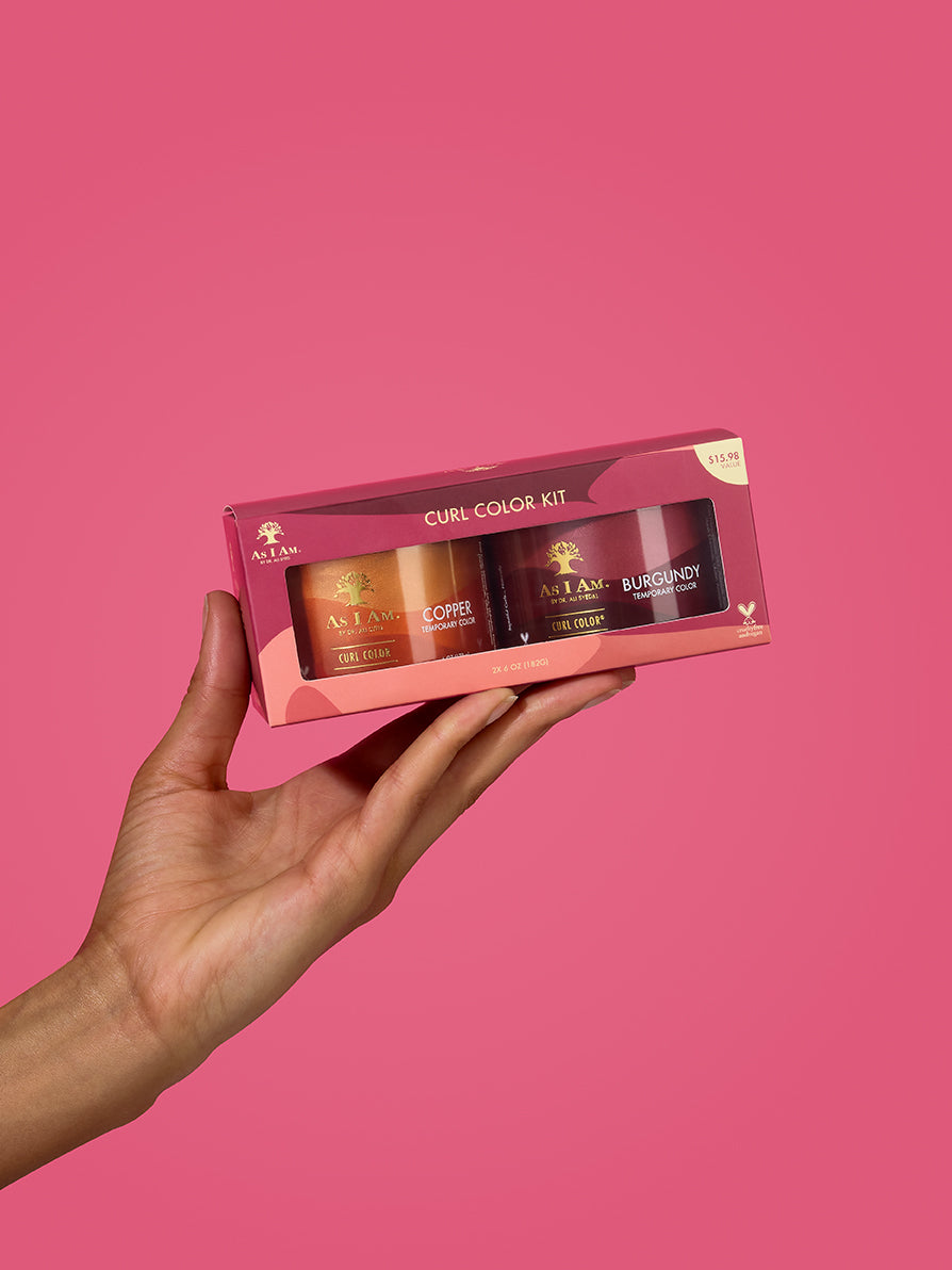 As I Am Curl Color 2-pack kit met de tinten koper en bordeauxrood, verpakt in strakke, levendige potjes, ontworpen voor tijdelijke kleur en definitie van krullen zonder beschadigingen.