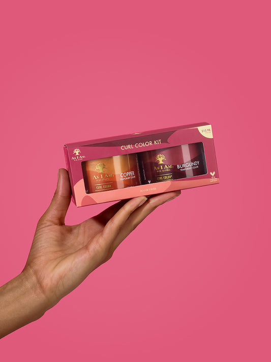 As I Am Curl Color 2-pack kit met de tinten koper en bordeauxrood, verpakt in strakke, levendige potjes, ontworpen voor tijdelijke kleur en definitie van krullen zonder beschadigingen.