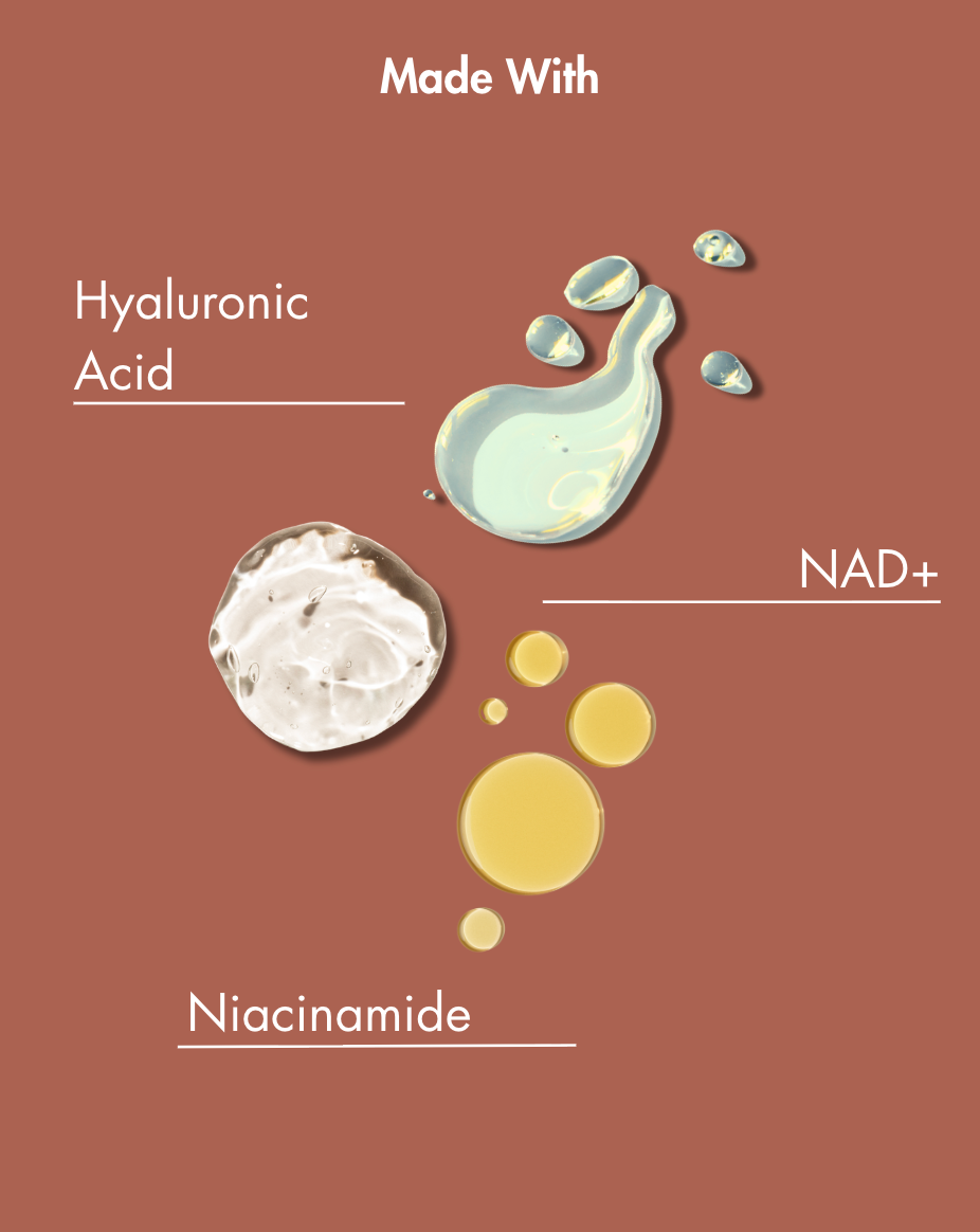 Illustraties van hyaluronzuur, NAD+ en niacinamide op een bruine achtergrond met de tekst 'Made With'.