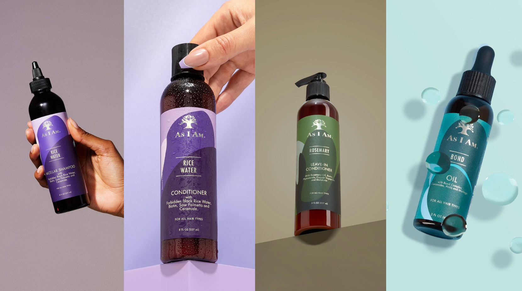 Collectie haarverzorgingsproducten, waaronder shampoo, conditioner en olie.