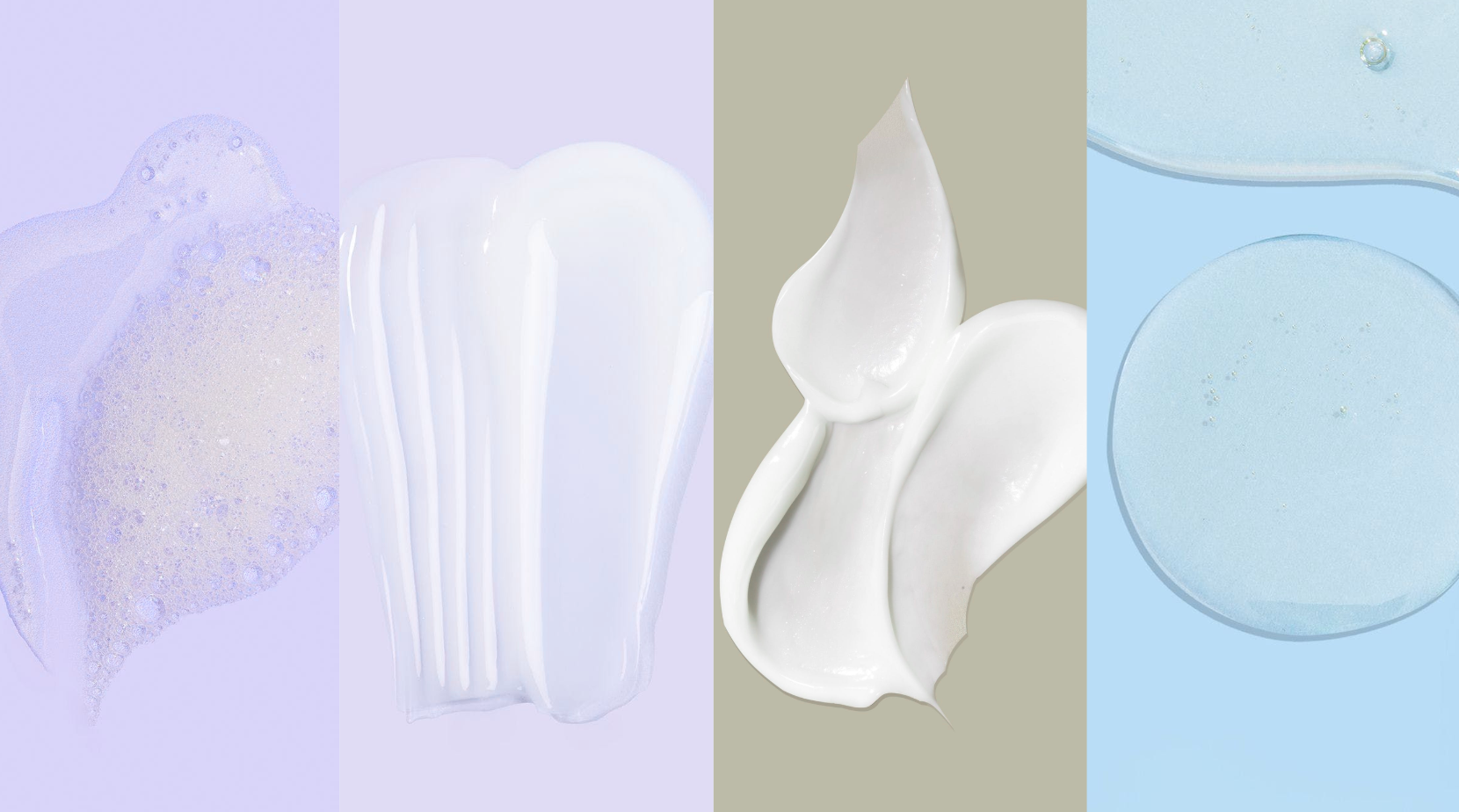 Close-up van witte crème of lotion op een gestructureerd oppervlak met een lichtpaarse achtergrond