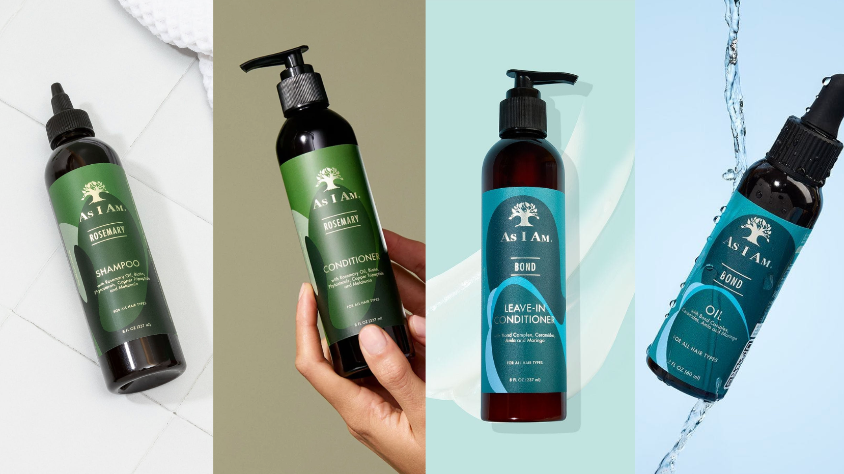 Set haarverzorgingsproducten, waaronder shampoo, conditioner en olie, met zichtbare branding op een neutrale achtergrond.