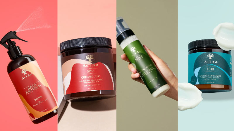 Collectie van as i am haarverzorgingsproducten op een veelkleurige achtergrond