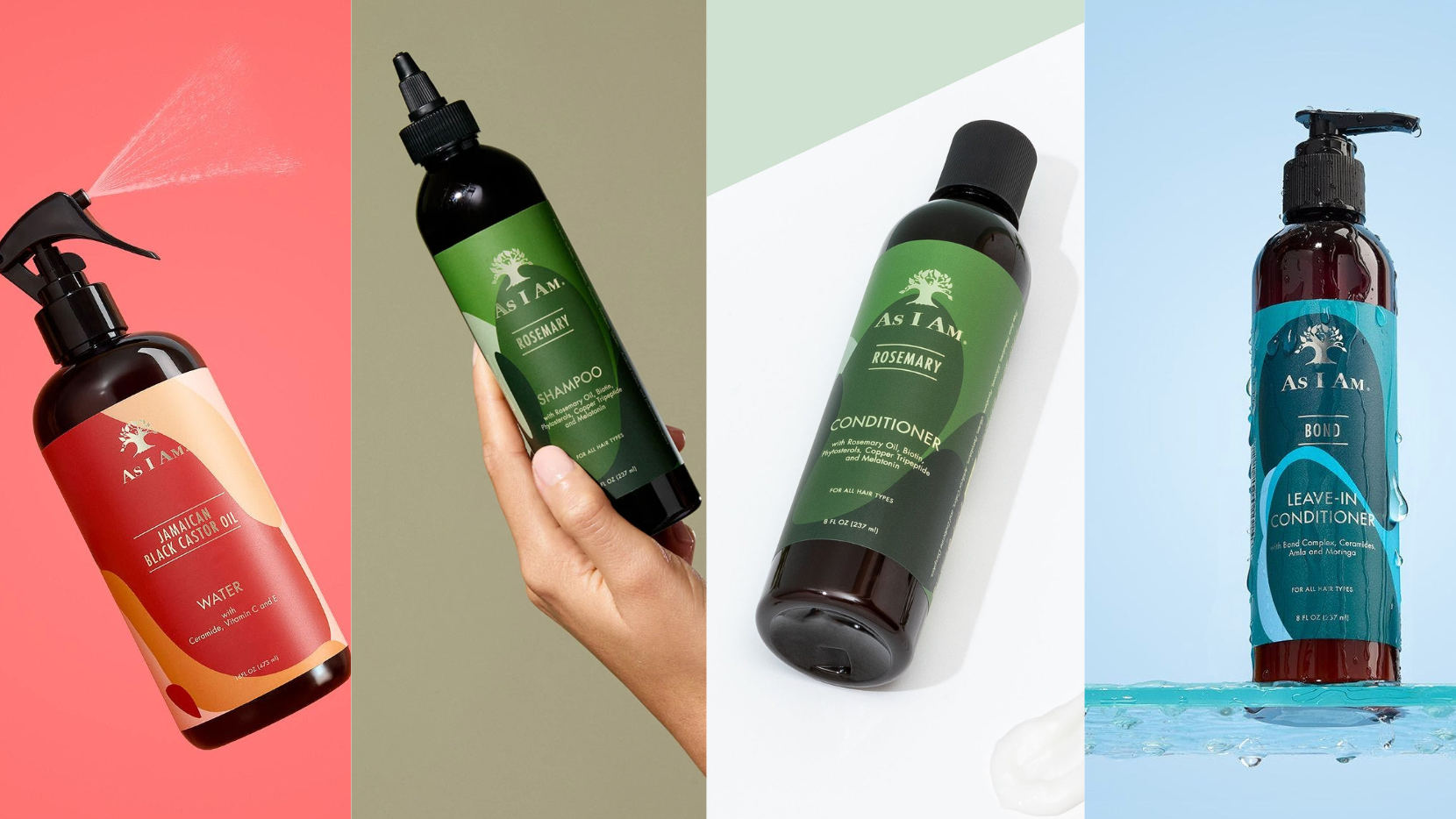 Collectie van As I Am-haarverzorgingsproducten, waaronder een spuitfles, shampoo, conditioner en fles op een kleurrijke achtergrond.