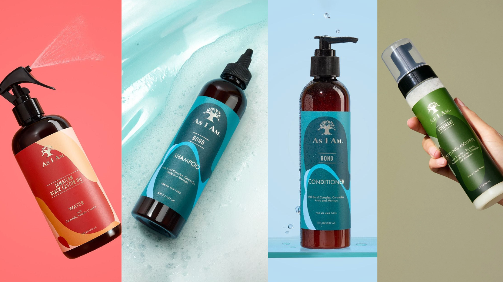 Collectie van As I Am-haarverzorgingsproducten op een kleurrijke achtergrond