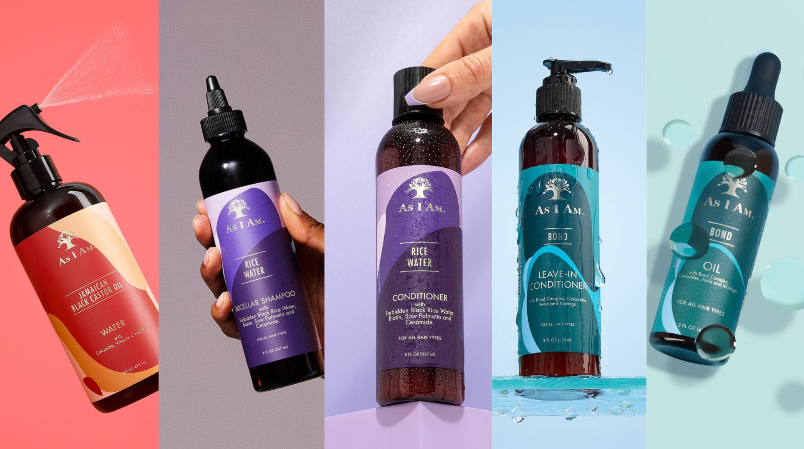 Collectie van As I Am-haarverzorgingsproducten op een kleurrijke achtergrond