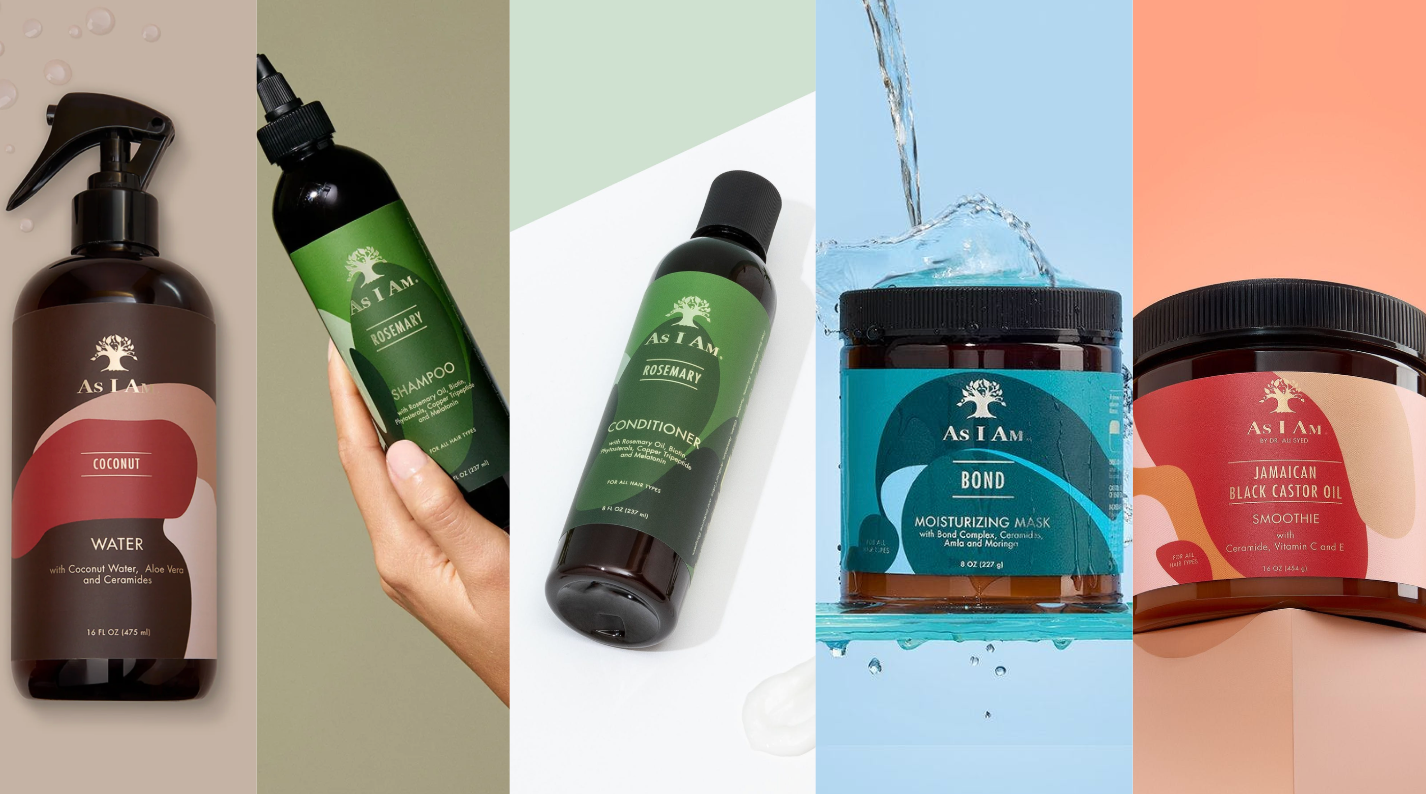 Collectie haarverzorgingsproducten, waaronder flessen en potjes, op een collageachtergrond.