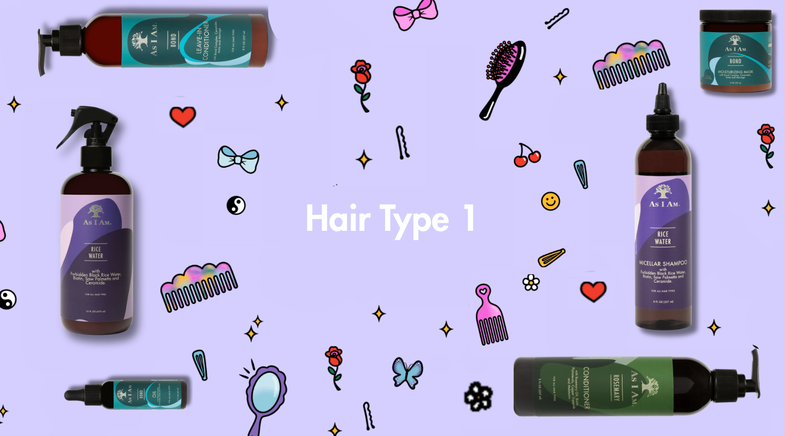 Collectie haarverzorgingsproducten met illustraties op een paarse achtergrond