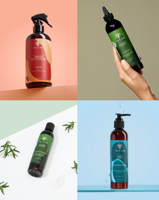 Vier verschillende flessen met producten van as i am op een kleurrijke achtergrond