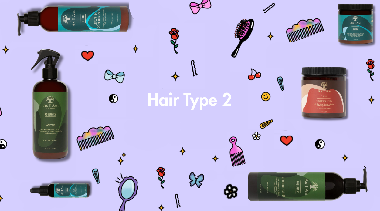 Collectie haarverzorgingsproducten en accessoires op een paarse achtergrond met de tekst 'Haartype 2'.