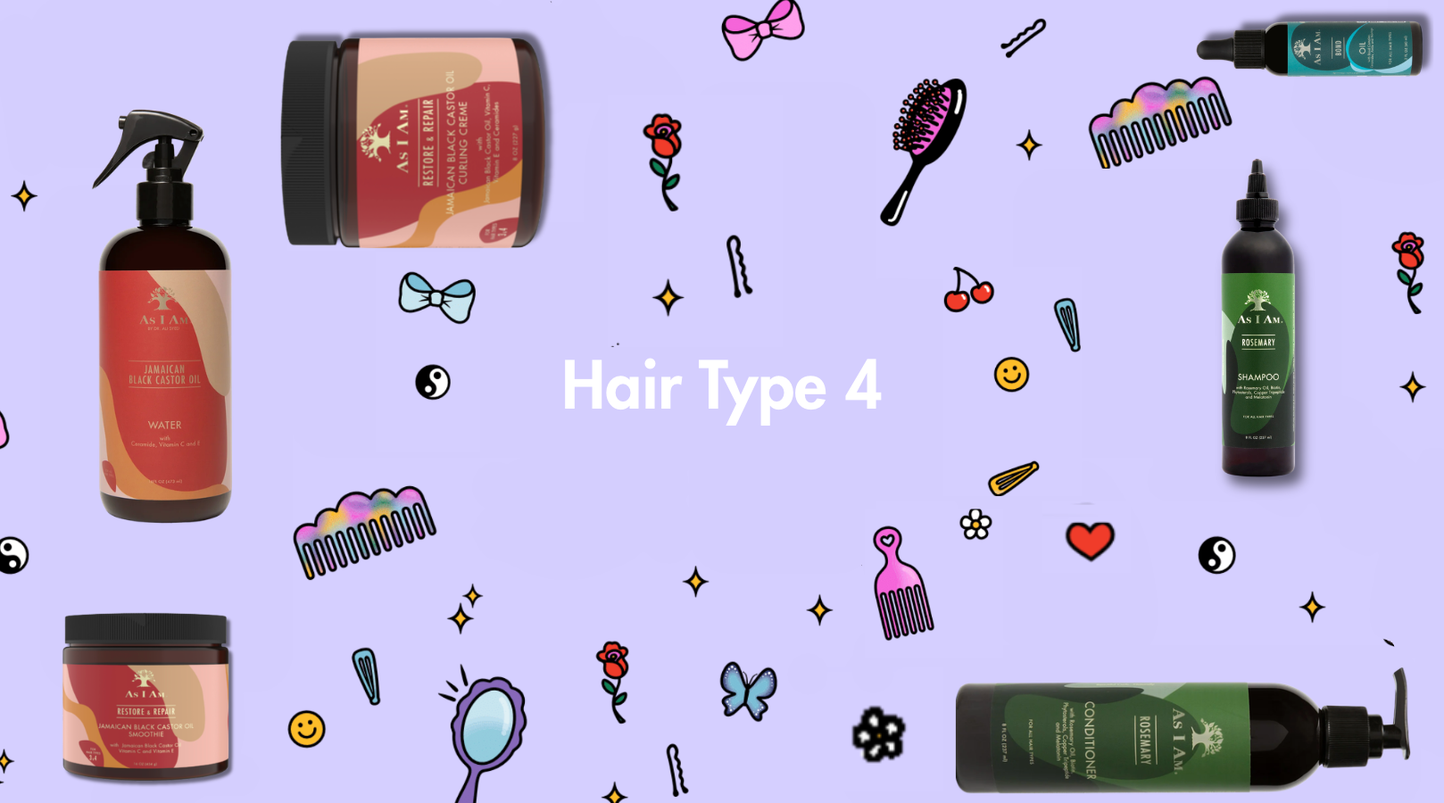 Collectie haarverzorgingsproducten en accessoires op een lichtpaarse achtergrond met decoratieve elementen.