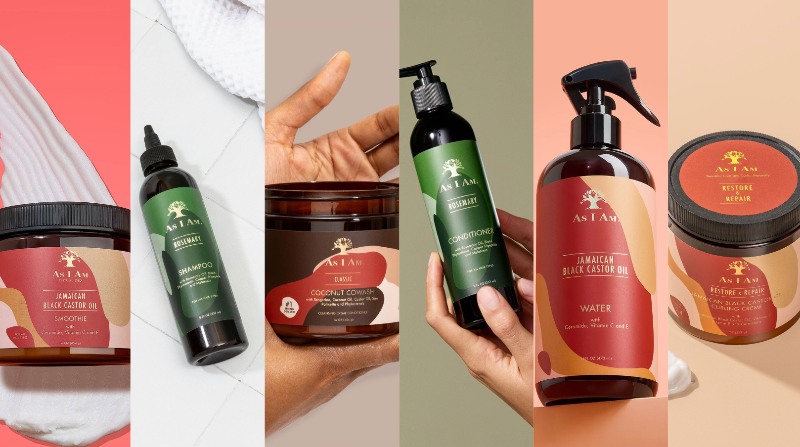 Collage van as i am haarverzorgingsproducten, waaronder shampoo, conditioner en haarmaskers.