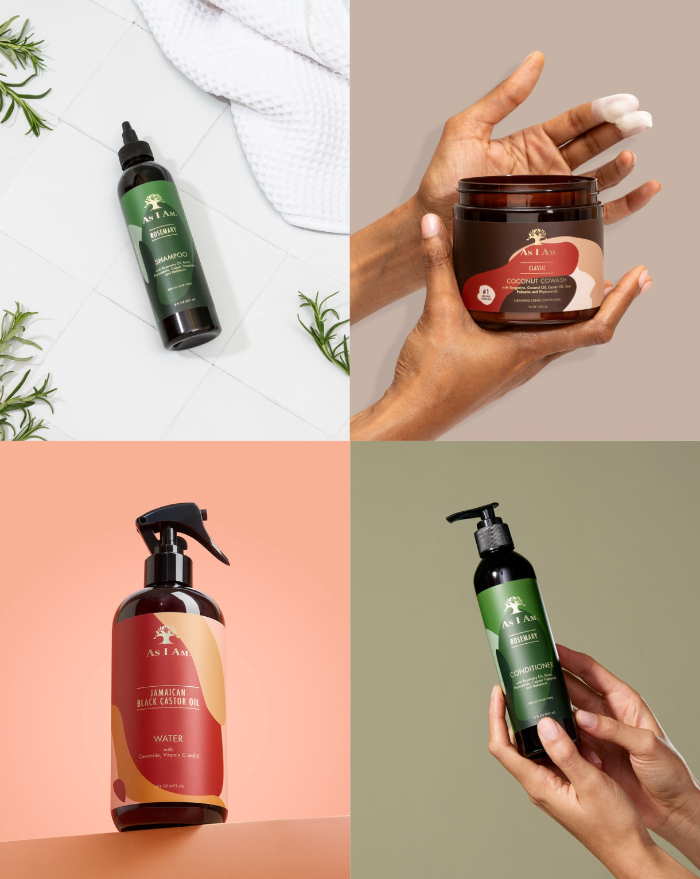 Vier productafbeeldingen van as i am haarverzorgingsproducten op verschillende achtergronden