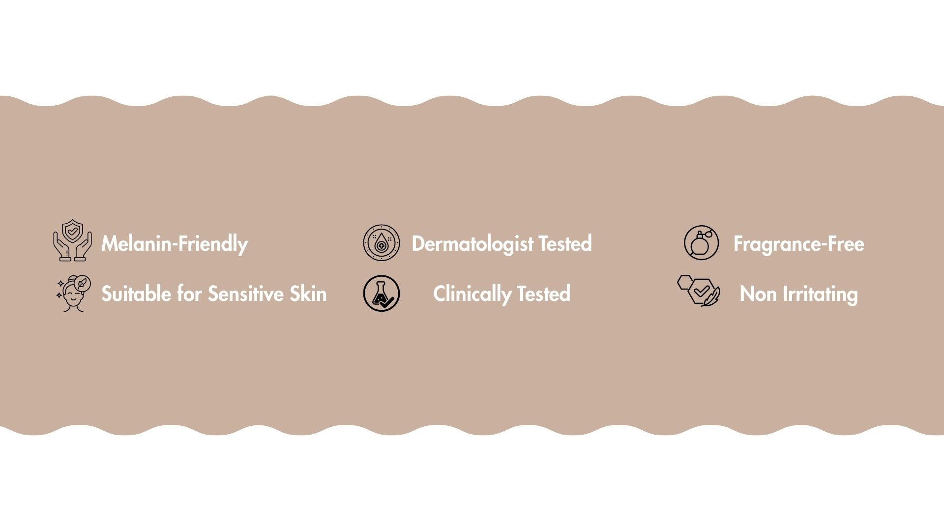 Beige rand met pictogrammen en tekst die productkenmerken aangeven op een witte achtergrond