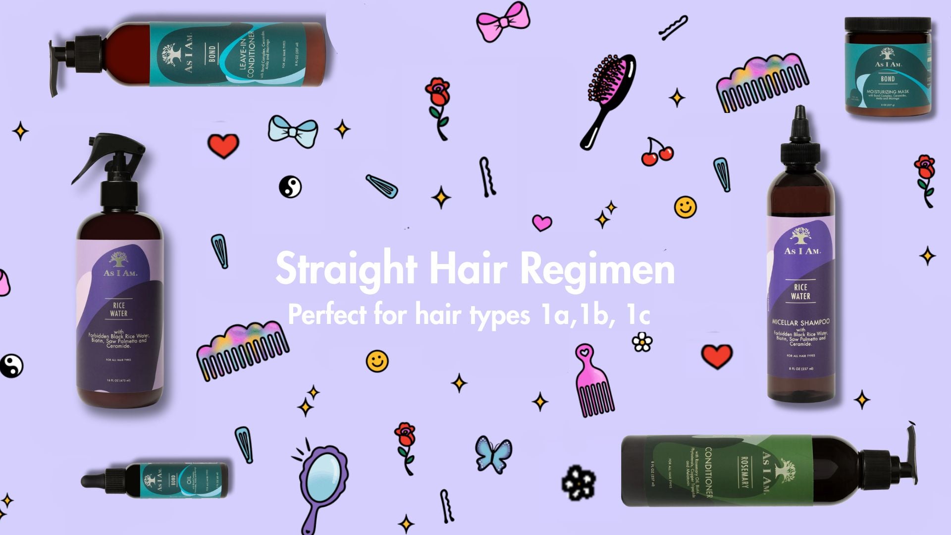 Haarverzorgingsproducten met illustraties op een paarse achtergrond